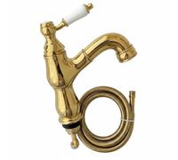 Almencla Grifo de Lavabo Grifo de Fregadero Mezclador Monomando con Extraíble de 60cm Acabado Vintage Latón Manija de Cerámica Flujo Suave Adecuado para Baño, Oro Titanio, Extraíble