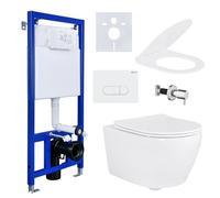 ALONI Kit completo inodoro suspendido sin borde de descarga Taharet/bidé de acero inoxidable, elemento de pared 3/6 L, profundidad del depósito 80 mm, conexión G 1/2 en la parte superior derecha