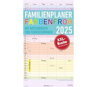 Alpha Edition - Colorido planificador familiar 2025, 26 x 45 cm, calendario familiar con 5 columnas para citas, mucho espacio para opciones de notas, fechas de vacaciones DE/AT/CH, calendario alemán