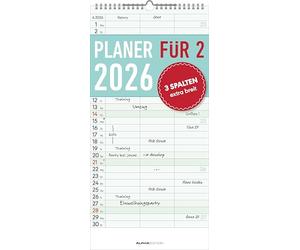 Alpha Edition - Planificador para dos - Calendario familiar 2026 - 22 x 45 cm - Temporizador familiar con 3 columnas y área de notas adicional - Con días festivos y fechas de vacaciones - Ideal para