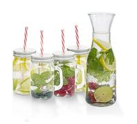 alpina Juego de 6 vasos con jarra, vasos para agua y bebidas, juego de vasos de agua con 4 vasos y tapa, estilo Mason Jar, jarra de cristal de 1 litro