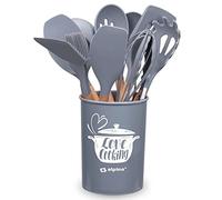 alpina Juego de utensilios de cocina con soporte - 12 piezas - Utensilios de silicona con mango de madera - Gris