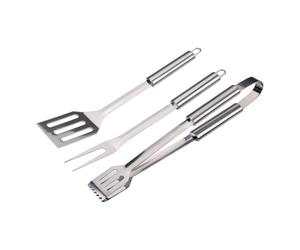 Alpina Set Barbacoa 3 Piezas - Utensilios Barbecue con Espátula y Pinzas - Accesorios Barbacoa con Tenedor - Herramientas Barbacoa Acero Inoxidable - Plata