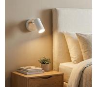 Alpinaluz Aplique de Pared con Foco Cilíndrico GU10 Orientable 350° E Interruptor Integrado, Blanco y Madera Natural, Estilo Nórdico Minimalista, Para Dormitorio, Cabecero de Cama y Lectura