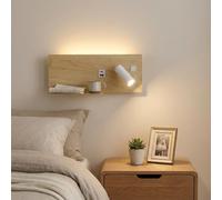 Alpinaluz Aplique de Pared con Foco Derecho, Luz LED de Lectura y Ambiente 2700K, USB-C y USB-A, Repisa para Móvil, Acero con Acabado Madera Clara, Doble Interruptor para Dormitorio Cabecero