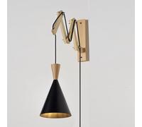 Alpinaluz Aplique de Pared Extensible con Cable y Enchufe, Brazo Articulado de Madera, Pantalla Cónica de Metal Negra Ø16 cm - Casquillo E27