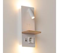 Alpinaluz Aplique de Pared LED Blanco con Carga USB-C/USB-A y Schuko | Foco de lectura orientable, luz ambiental 2800K, doble interruptor y estante de madera maciza para dormitorio y hotel