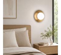 Alpinaluz Aplique Pared Techo E27 Globo Cristal Opal Dorado D25 cm | Disco metálico cepillado reflectante con globo blanco para dormitorio, pasillo, recibidor, cabecero y entrada