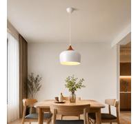 Alpinaluz Lámpara Colgante E27 Metal Blanco Mate Efecto Madera Ø30 cm | Pantalla blanca con detalle efecto madera, estilo nórdico moderno para cocina, comedor, salón, dormitorio y entrada