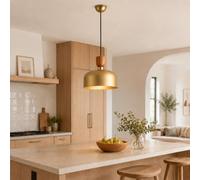 Alpinaluz Lámpara Colgante Metal Dorado E27 D30 cm Nórdica Efecto Madera | Cable negro ajustable hasta 100 cm y pantalla redondeada para mesa de comedor, isla de cocina, salón y dormitorio