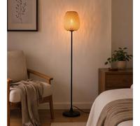 Alpinaluz Lámpara de Pie E27 Pantalla Natural Mimbre Bambú Base Negra | Pantalla tejida a mano y base metálica negra, estilo nórdico boho para salón, dormitorio, sofá y rincón de lectura