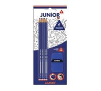 Alpino Blister de 6 lápices de grafito Junior tri con duo sharpener | Mina HB con alta resistencia a la rotura | Duo sharpener con goma y sacapuntas doble con depósito incorporado.