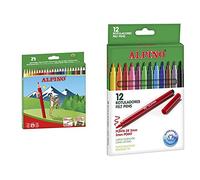Alpino Lapices de Colores Estuche de lápices de madera 24 unidades Lapices para Niños y Adultos Forma Hexagonal + Rotuladores Coloring para niños Estuche de 12 Colores con Punta Fina 3mm