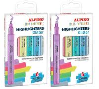 Alpino - Subrayadores Glitter Set de 6 Colores Brillantes | Punta Biselada de 1-4 mm | Tinta a Base de Agua | Colores Vibrantes (Paquete de 2)