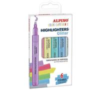Alpino - Subrayadores Glitter Set de 6 Colores Brillantes | Punta Biselada de 1-4 mm | Tinta a Base de Agua | Colores Vibrantes