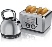 Alquiler de juego de desayuno: hervidor de acero inoxidable de 1,7 litros, tostadora de 4 ranuras con ranuras cortas, juego de desayuno, hervidor de diseño retro, tostadora de estilo vintage, para 2 t