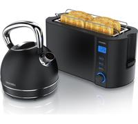 Alquiler de juego de desayuno, hervidor de acero inoxidable de 1,7 litros, tostadora de 4 ranuras larga, tostadora de 4 rebanadas, juego de desayuno, hervidor de diseño vintage, 2200W, accesorio para 