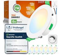 ALUSSO 3CCT 7W 600LM Downlight LED Techo Empotrable Regulable IP44, Pack 6 | 3000K/4000K/6500K Focos LED Interior Techo Empotrado Corte Ø67-75mm, Ojos de Buey LED para Techo Baño Salón, Redonda Blanco