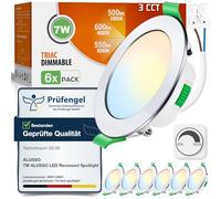 ALUSSO 3CCT 7W 600LM Downlight LED Techo Empotrable Regulable IP44, Pack 6 | 3000K/4000K/6500K Focos LED Interior Techo Empotrado Corte Ø67-75mm, Ojos de Buey LED para Techo Baño Salón, Redonda Cromo