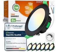ALUSSO Downlight LED Techo Empotrable Negro Regulable, 7W 600LM IP44 3000K 4000K 6500K Focos LED Interior Techo Empotrado, Ultradelgado 29mm, φ67-75mm, Ojos de Buey Baño Salón, 6 Pack