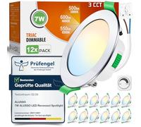 ALUSSO Downlight LED Techo Empotrable Regulable, 7W IP44 3000K 4000K 6500K Focos LED Interior Techo Empotrado, Ultradelgado 29mm, φ67-75mm, Ojos de Buey Baño Salón, Cromo, 12 Pack