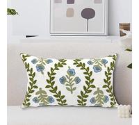 Alysheer Funda de cojín Decorativa Lumbar Bordada de Flores de Granja de 12 x 20 Pulgadas, patrón de Punto de Hojas Verdes y Flores de cabaña, Funda de cojín 100% Lona de algodón para decoración de