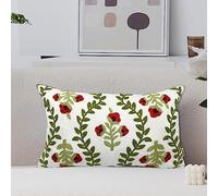 Alysheer - Funda decorativa para cojín lumbar, de verano, 30 x 50 cm, estilo rústico, con bordado de flores rojas y hojas verdes, tela de algodón para sillón, sofá cama y salón