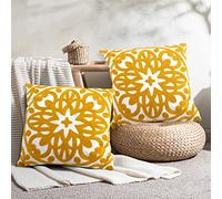 Alysheer Juego de 2 Fundas de Almohada Decorativas Bordadas de 18 x 18 Pulgadas, patrón de Punto de Mandala Bohemio, Lona de algodón 100% Duradera, Fundas de cojín Amarillo Mostaza para sofá, Sala de