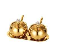 Amagogo Envase Cocina Acero Inoxidable 304 con Tapa Sellada y Cuchara Dosificadora Tarro para Especias con Banja Servicio Organizador Condimentos para, Oro, Forma Bola