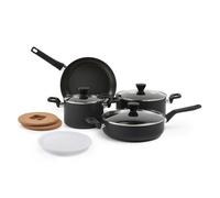Amazon Basics 10 piezas Juego de cacerolas, ollas y sartenes antiadherentes, con anodizado duro, apilables, 10 piezas, ahorro de espacio, Negro