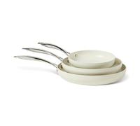 Amazon Basics Batería de Cocina Antiadherente de Cerámica, Juego de 3 Sartenes, Compatibles con Todo Tipo de Fuegos, Aptas para Lavavajillas, Marfil
