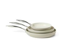 Amazon Basics Batería de Cocina Antiadherente de Cerámica, Juego de 3 Sartenes, Compatibles con Todo Tipo de Fuegos, Aptas para Lavavajillas, Gris Lino