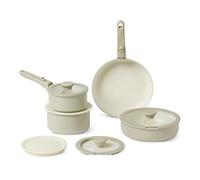 Amazon Basics Batería de Cocina Apilable Antiadherente de Cerámica con Asas Desmontables, Juego de 11 Piezas, Compatible con Todo Tipo de Fuegos, Gris Lino