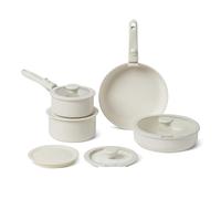 Amazon Basics Batería de Cocina Apilable Antiadherente de Cerámica con Asas Desmontables, Juego de 11 Piezas, Compatible con Todo Tipo de Fuegos, Marfil