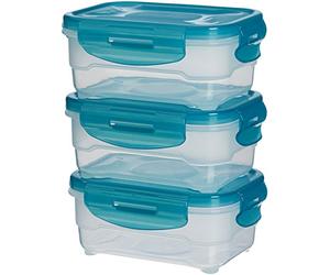 Amazon Basics Contenedores herméticos sellados con Tapa de plástico sin BPE, apilables y Aptos para frigorífico/congelador, para microondas y lavavajillas. Conjunto de 3 Piezas de 0.6 l, Azul Claro