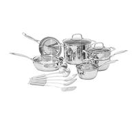 Amazon Basics Juego de 15 piezas de ollas, sartenes y utensilios de acero inoxidable, Plateado