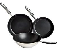 Amazon Basics Juego de 3 Piezas de Acero Inoxidable Antiadherente con Revestimiento Cerámico, Sartén de 24cm y 28cm, Wok de 28cm