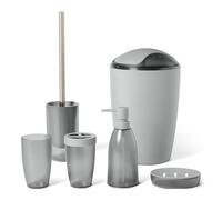 Amazon Basics Juego de Accesorios de Baño con Soporte para Cepillos de Dientes, Dispensador de Jabón, Jabonera, Vaso, Papelera, Escobilla y Soporte, Gris