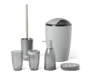 Amazon Basics Juego de Accesorios de Baño con Soporte para Cepillos de Dientes, Dispensador de Jabón, Jabonera, Vaso, Papelera, Escobilla y Soporte, Gris