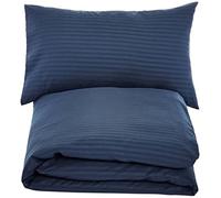 Amazon Basics Juego de Funda nórdica Cama 80/90 de Microfibra, 2 Piezas, Funda de edredón 135 x 200 cm y 1 Funda de Almohada 50 x 80 cm, Azul Marino, Rayas