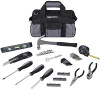 Amazon Basics Juego de herramientas básicas de reparación para el hogar, 65 unidades, con bolsa, plateado, negro