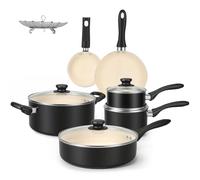 Amazon Basics Juego de ollas y sartenes, de cerámica, antiadherente, 11 Unidad, Negro/Crema