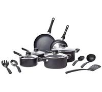 Juego de 15 piezas de utensilios de cocina antiadherentes de cerámica Amazon Basics, que incluye ollas y sartenes con tapas y utensilios, base en espiral, mangos antideslizantes, apto para cocinas de