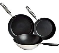 Amazon Basics Juego de Utensilios de Cocina de Inducción Sartenes y Wok, Antiadherentes, Acero Inoxidable, 24/28/28 cm, 3 Unidad, Plata