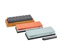 Amazon Basics Kit de piedra de afilar cuchillos de doble cara, grano 400/1000 y 3000/8000, piedra aplanadora y base de bambú antideslizante, 3 Unidad, multicolor, 22,5 x 15,2 x 7,3 cm