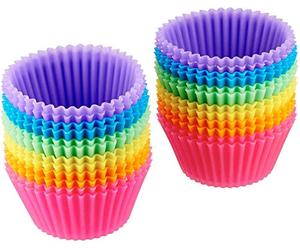 Amazon Basics Redonda Moldes Individuales de Silicona para Magdalenas, Reutilizables, Paquete de 24 (Aptos para Horno hasta 220 °C), Multicolor