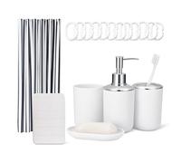 Amazon Basics Set de Accesorios de Baño: Cortina de Ducha con Ganchos, Alfombrilla de Baño Memory Foam, Dispensador de Jabón, Jabonera, Portacepillos & Vaso, Blanco