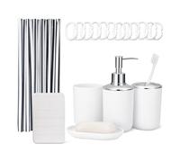 Amazon Basics Set de Accesorios de Baño: Cortina de Ducha con Ganchos, Alfombrilla de Baño Memory Foam, Dispensador de Jabón, Jabonera, Portacepillos & Vaso, Negro