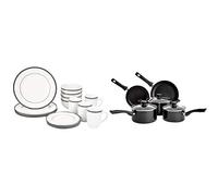 Amazon Basics - Vajilla para 4 personas (16 piezas), diseño de rayas + Juego de utensilios de cocina de inducción antiadherente
