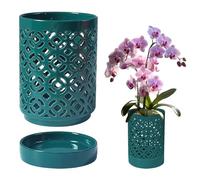 Ameble Macetas para orquídeas Macetero de cerámica para orquídeas de 5, 5x4 Pulgadas con Drenaje, Agujeros y platillo, Maceta Transpirable para Plantas de Interior y Exterior, Verde